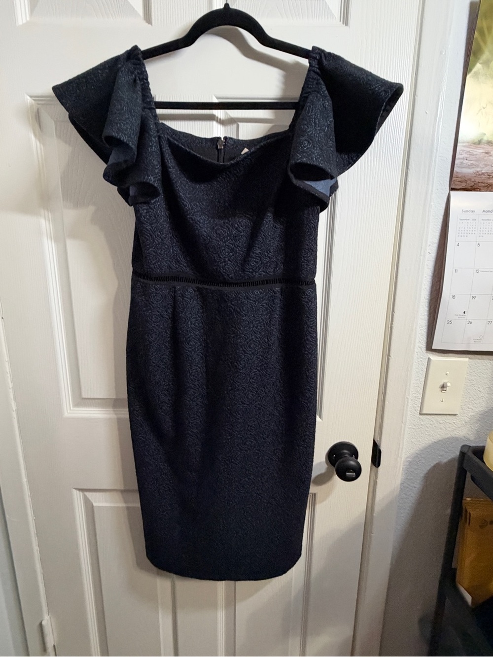 Rebecca Taylor Black Textured Midi Dress with Ruffle Sleeves